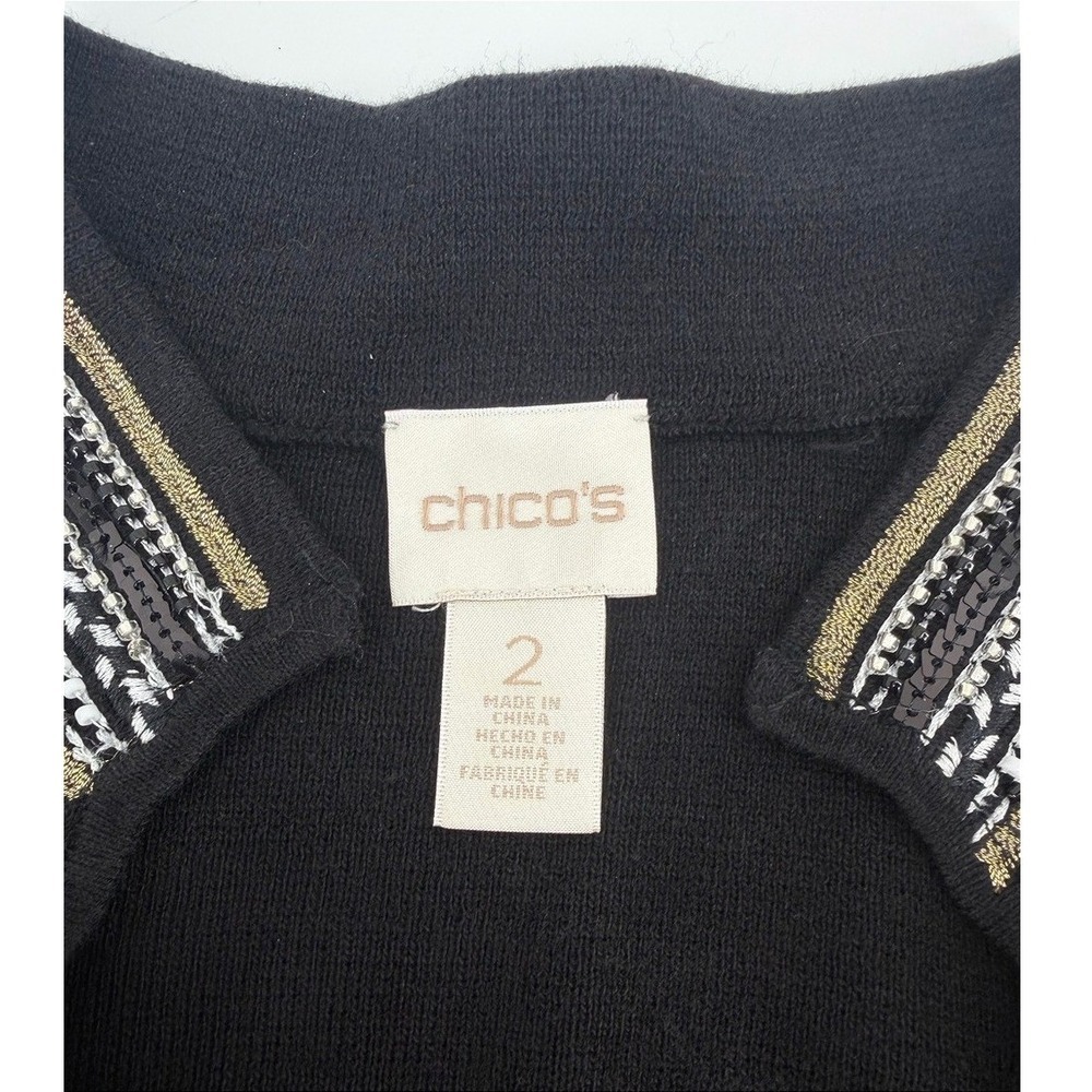 Chicos Black Beaded Sequin Trim Open Front Cardigan Sweater Gold Silver Size‎ 2 - Picture 2 of 10